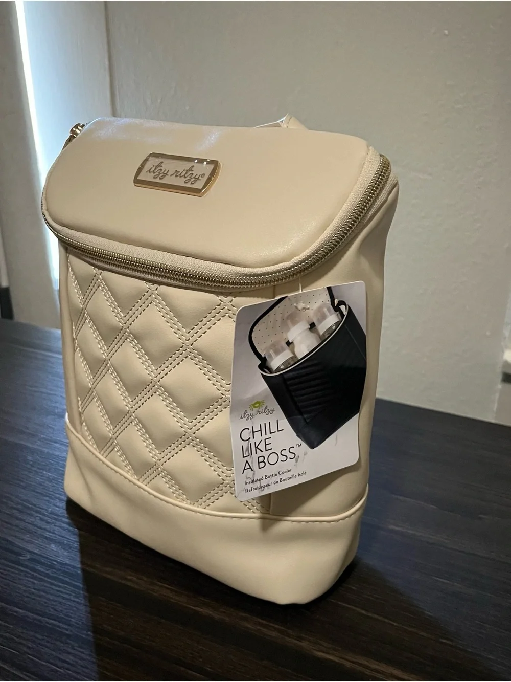 Itzy Ritzy Cream Quilted Chill like a Boss Bottle Bag with Gold Hardware